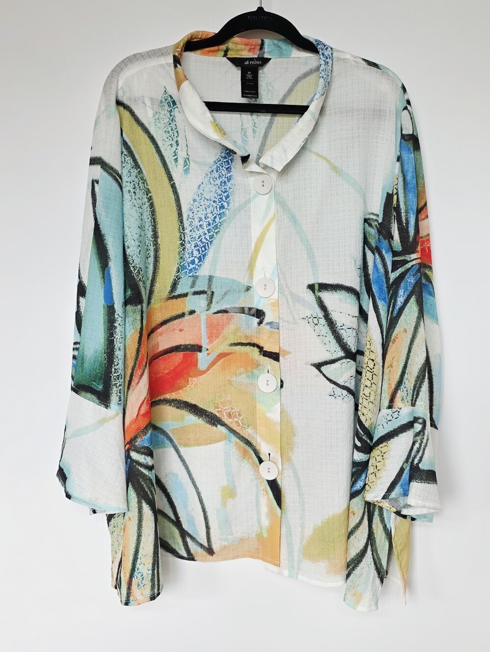 Ali Miles Artsy Graphic Tropical Floral Pattern Button Down Blouse Plus Size 3X